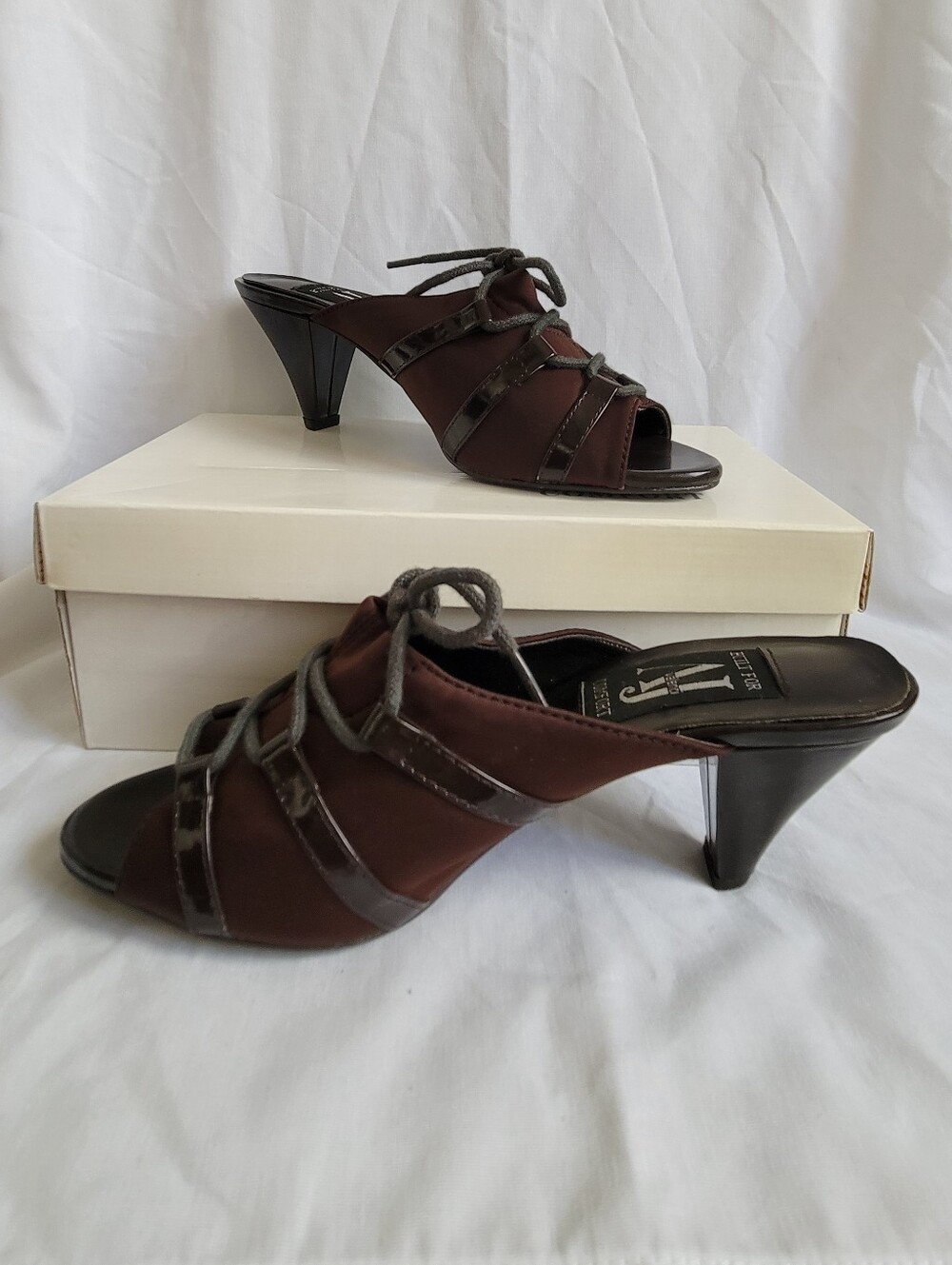 AJ Valenci Chocolate Brown Peep Toe Lace Up Microfibet Heeled Mules Slides 7.5 W